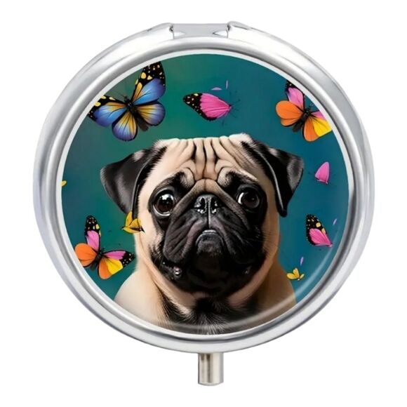 Pug Bulldog 🐶 Pill Box Medicine Mini Case Mirror Dog Mom Travel Portable Purse - Picture 7 of 7